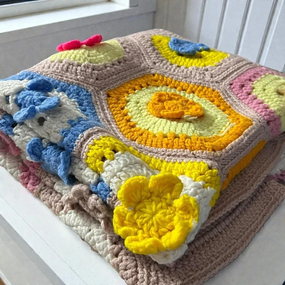 Handmade Crochet‎ Baby Blanket Flower Garden Hexagon Afghan 33x54